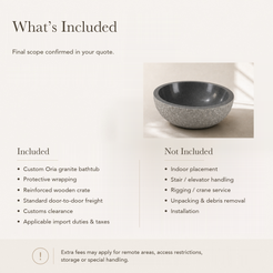 Oria Round Freestanding Charcoal Mist Granite Soaking Bathtub — What’s Included in the Reference Price.