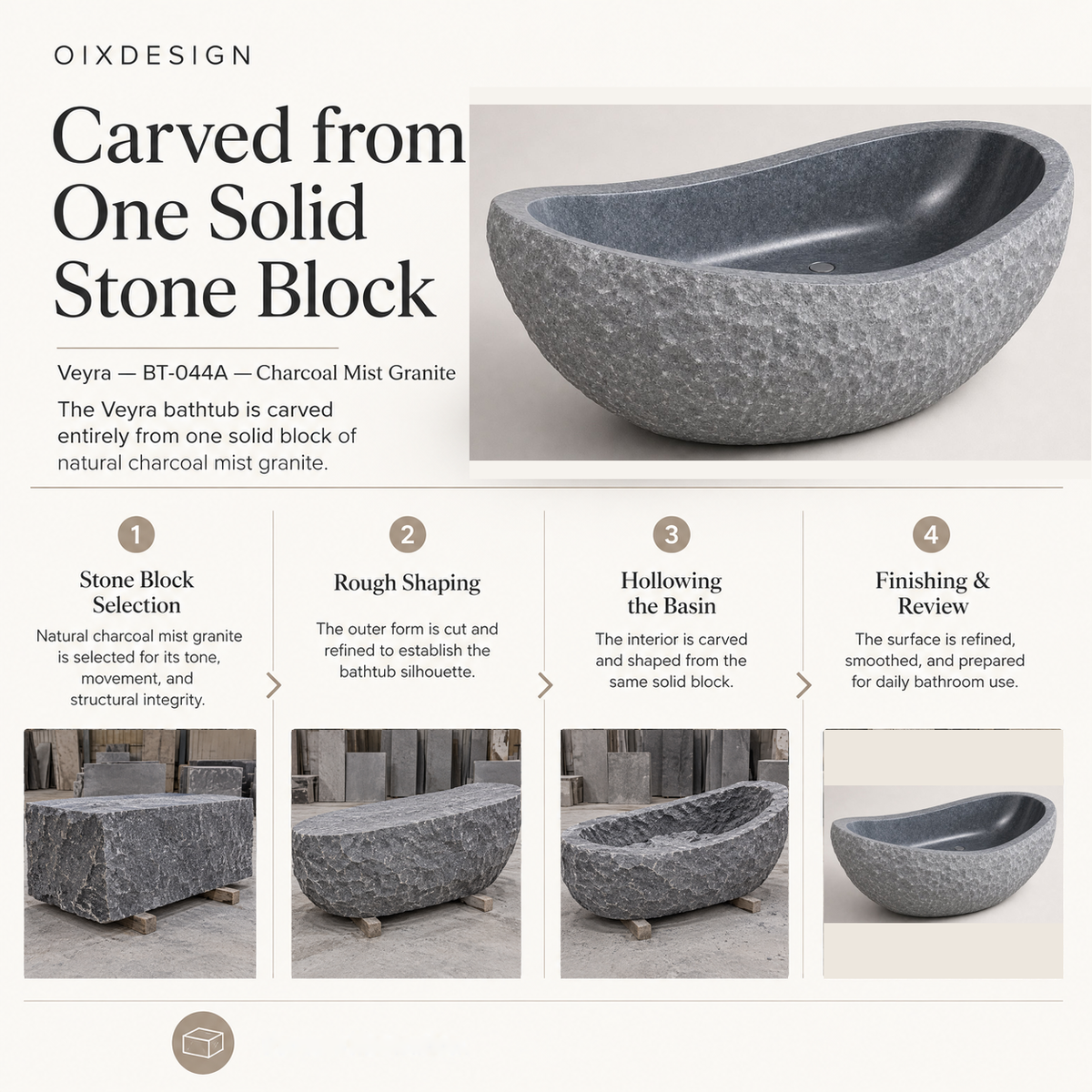 Veyra BT-044A Charcoal Mist Granite — Craftsmanship process overview — OIXDESIGN