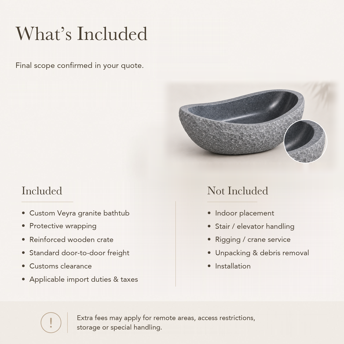 Veyra Freestanding Sculptural Charcoal Mist Granite Soaking Bathtub — What’s Included in the Reference Price.