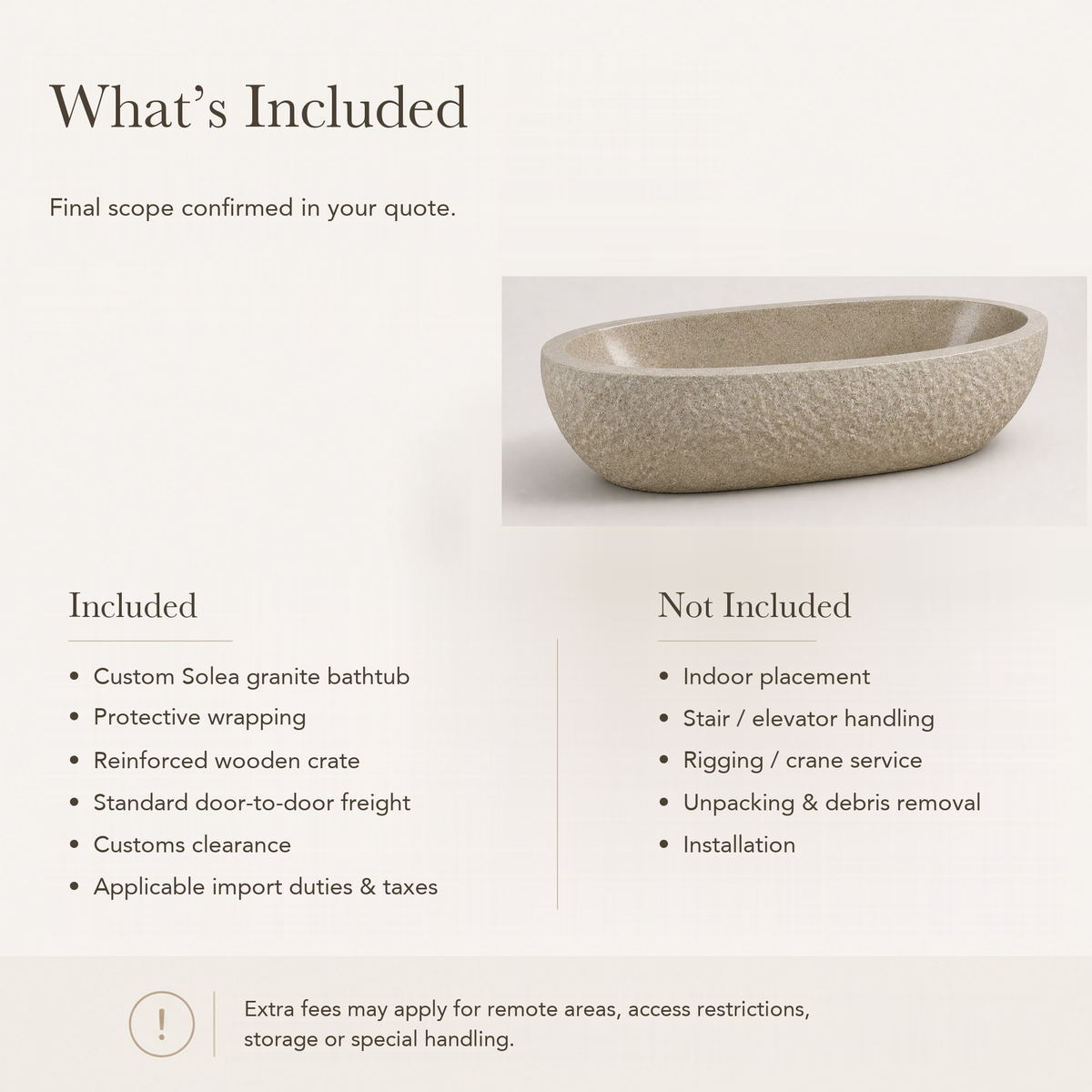 Solea Freestanding Harvest Gold Granite Soaking Bathtub — What’s Included in the Reference Price.