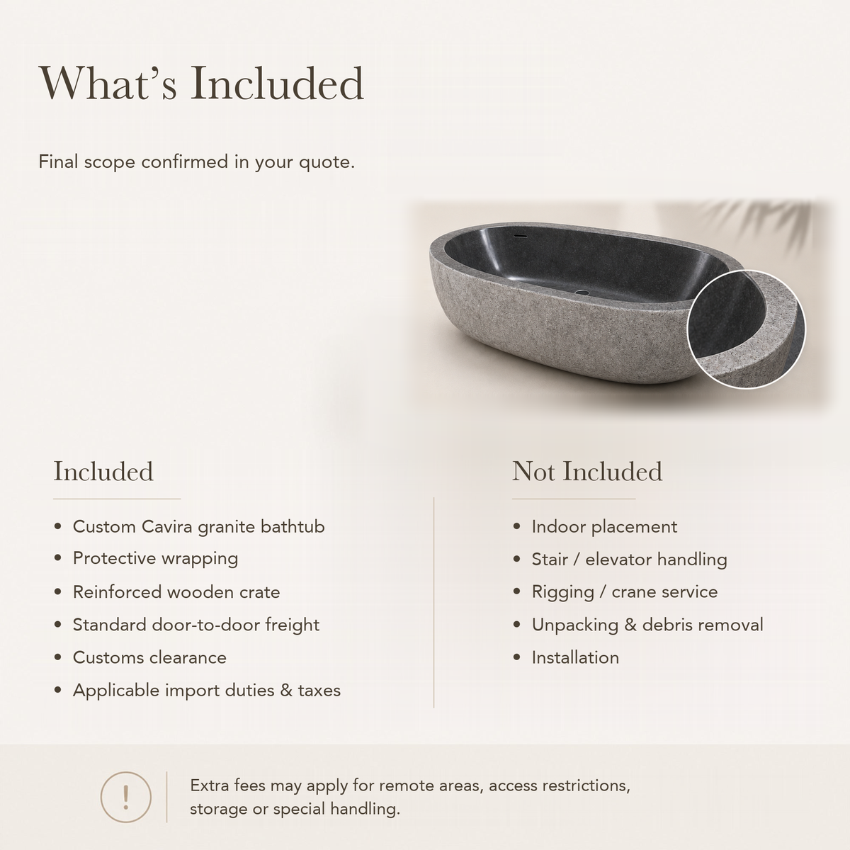 Cavira Freestanding Charcoal Mist Granite Soaking Bathtub — What’s Included in the Reference Price.