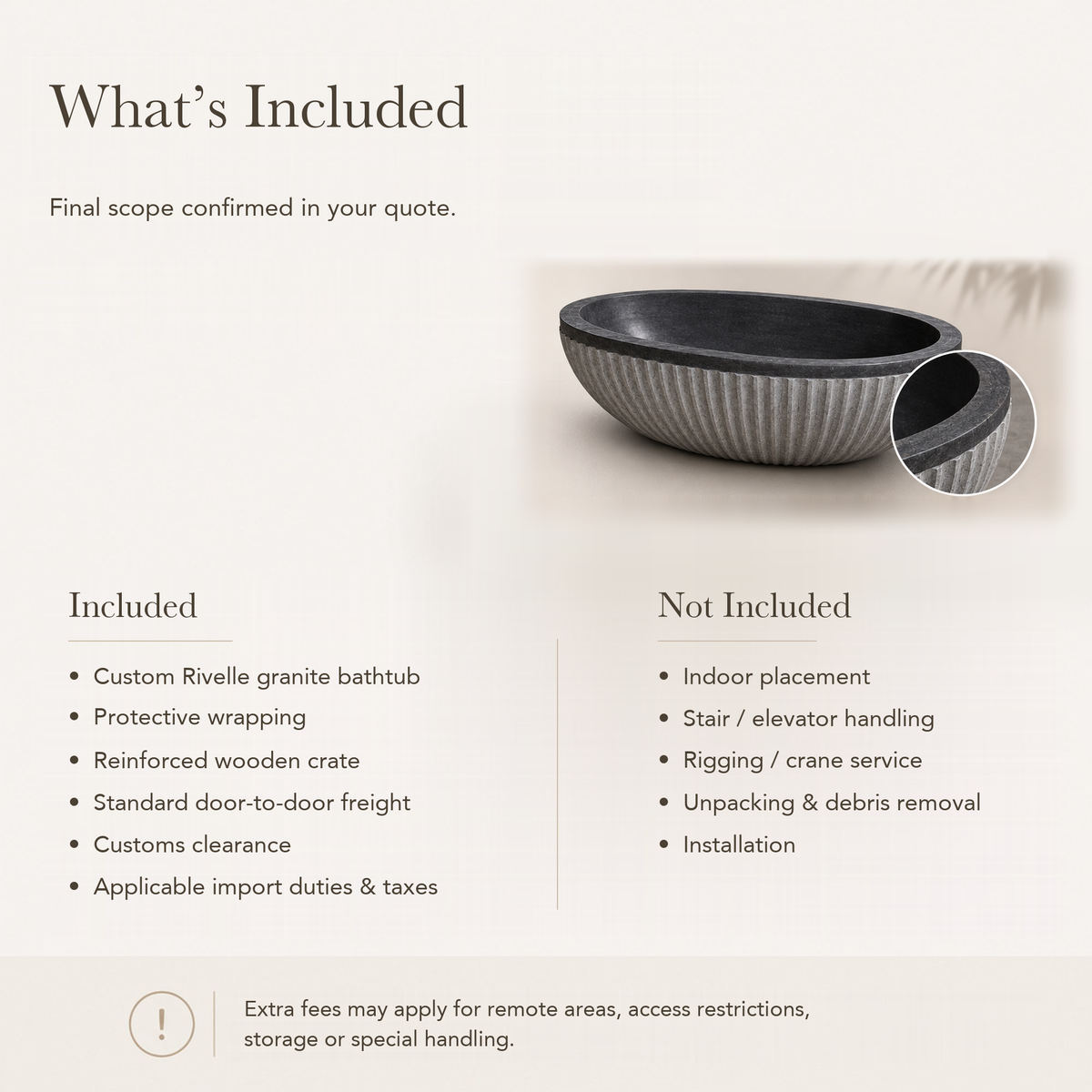 Rivelle Freestanding Fluted Black Granite Soaking Bathtub — What’s Included in the Reference Price.