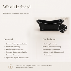 Vallora Freestanding Absolute Black Granite Soaking Bathtub — What’s Included in the Reference Price.