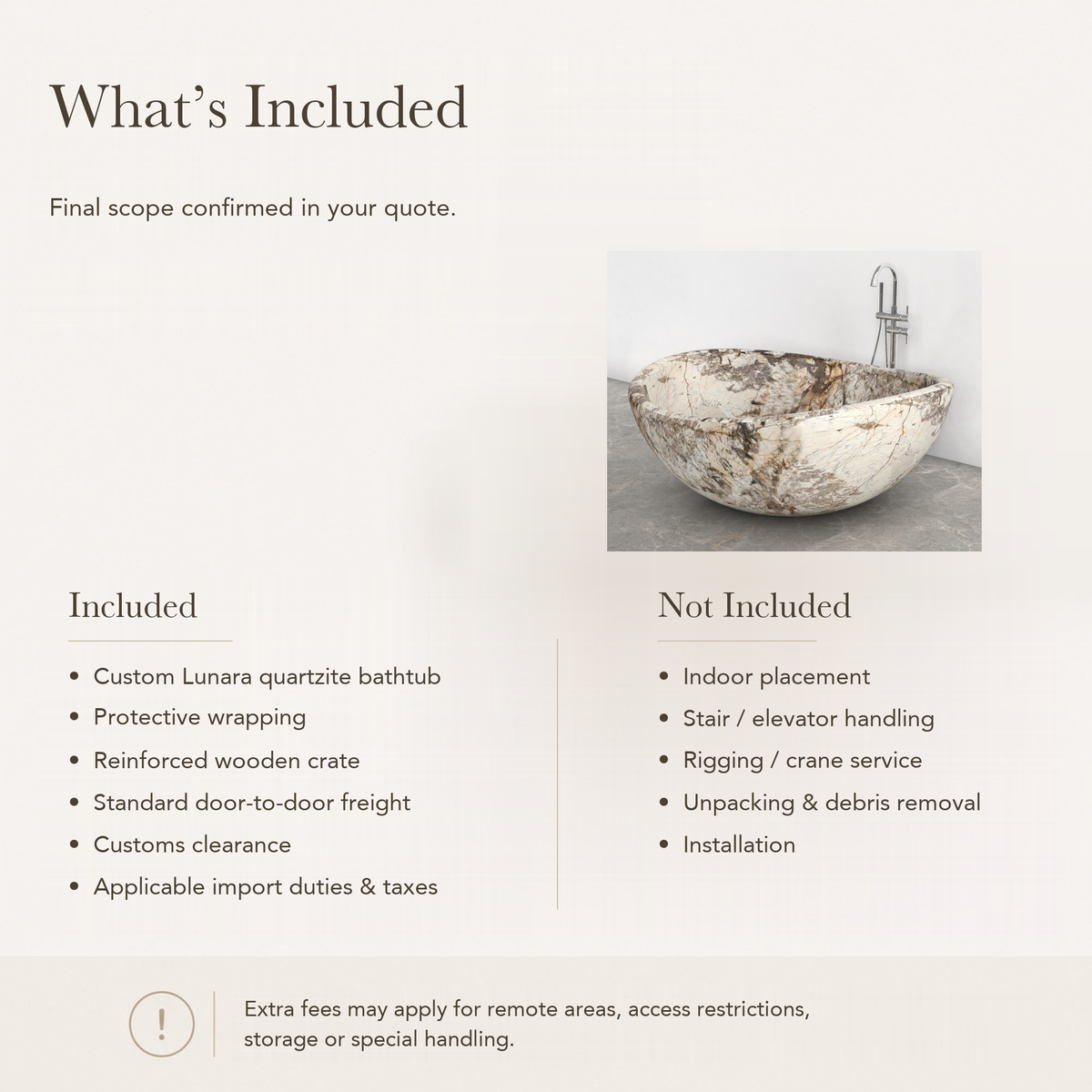 Lunara Round Freestanding Soaking Bathtub – Pandora Blanc Quartzite — What’s Included in the Reference Price.