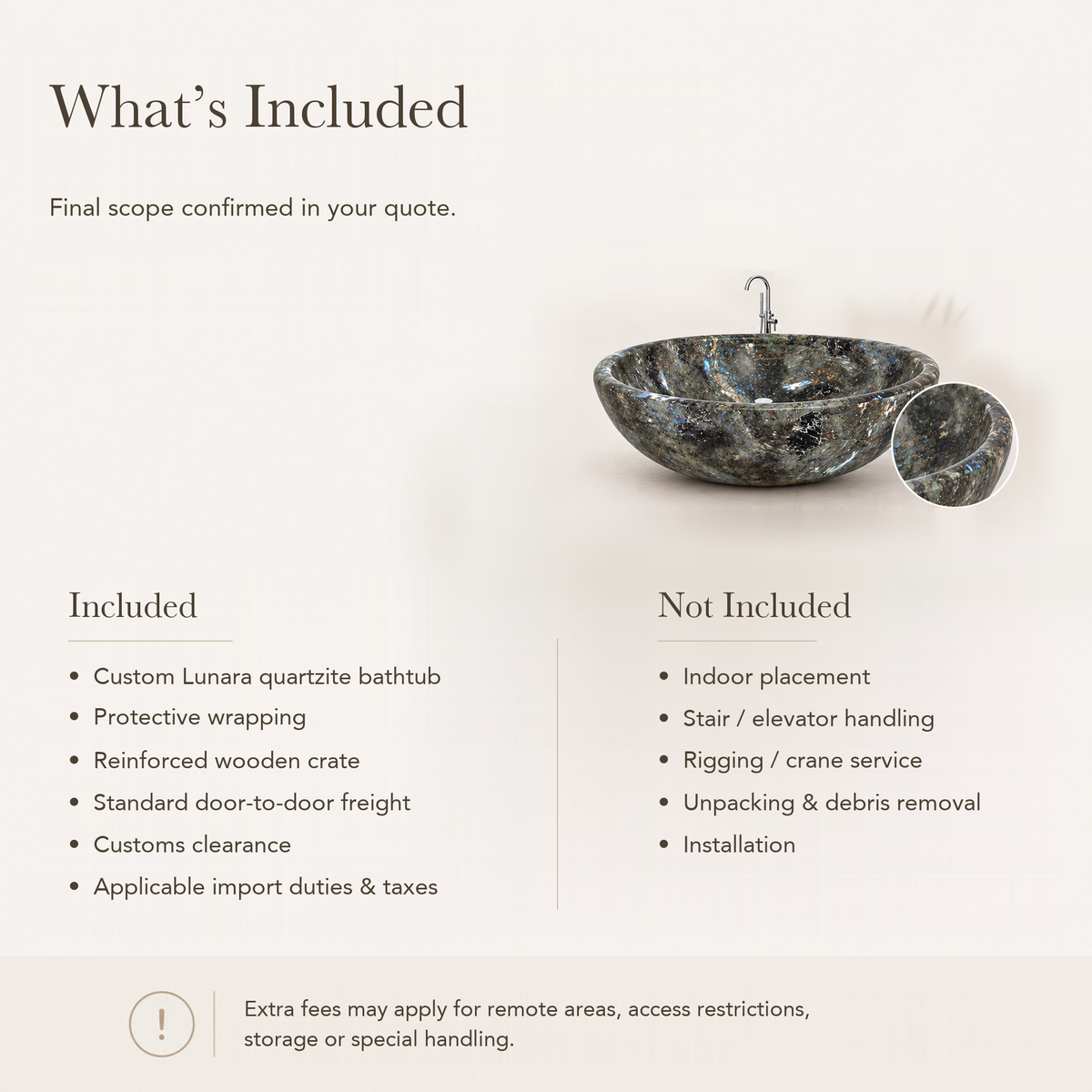 Lunara Round Freestanding Soaking Bathtub – Celestia Blue Quartzite — What’s Included in the Reference Price.