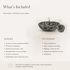 Lunara Round Freestanding Soaking Bathtub – Celestia Blue Quartzite — What’s Included in the Reference Price.