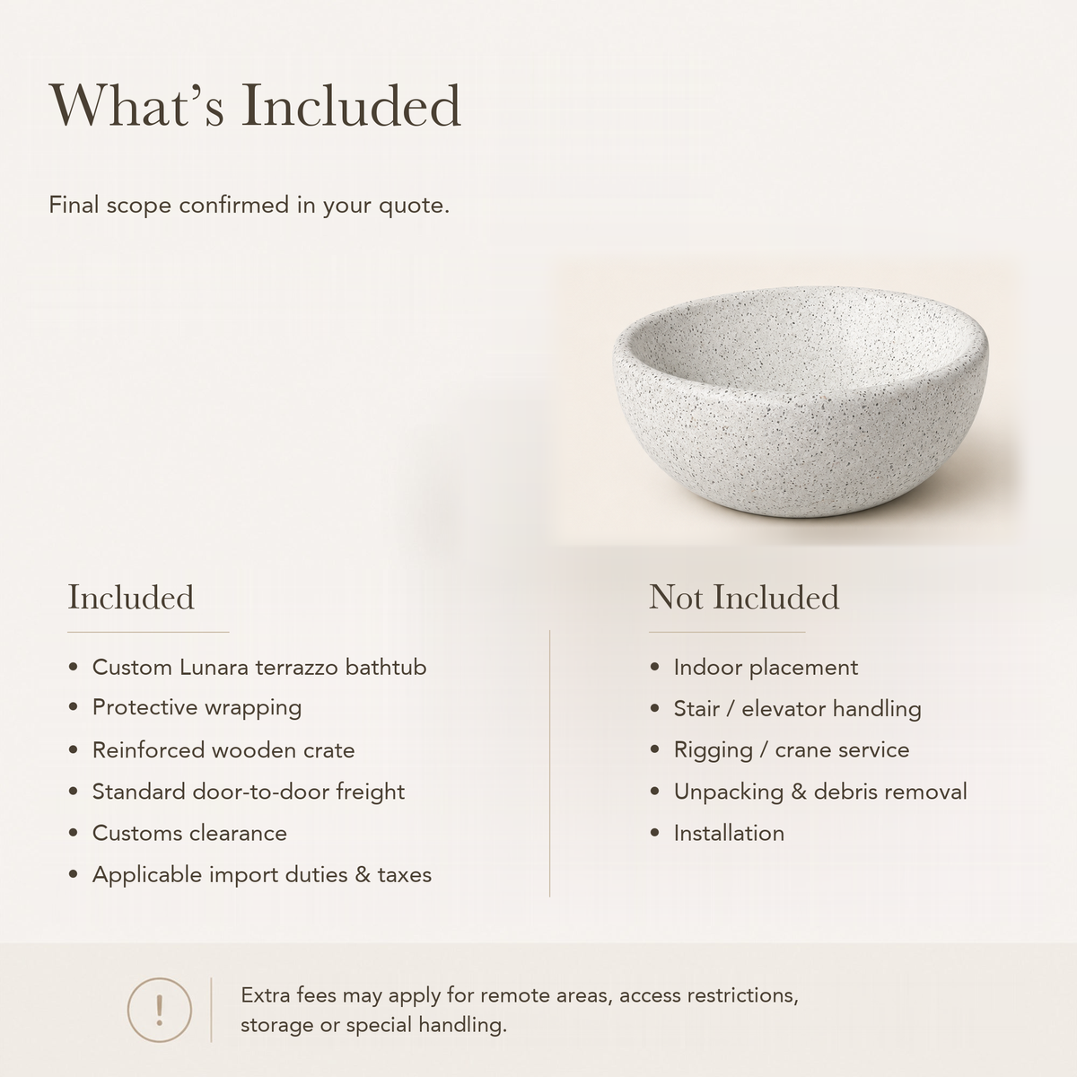 Lunara Round Freestanding Soaking Bathtub – Alba White Terrazzo — What’s Included in the Reference Price.