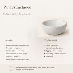 Lunara Round Freestanding Soaking Bathtub – Alba White Terrazzo — What’s Included in the Reference Price.