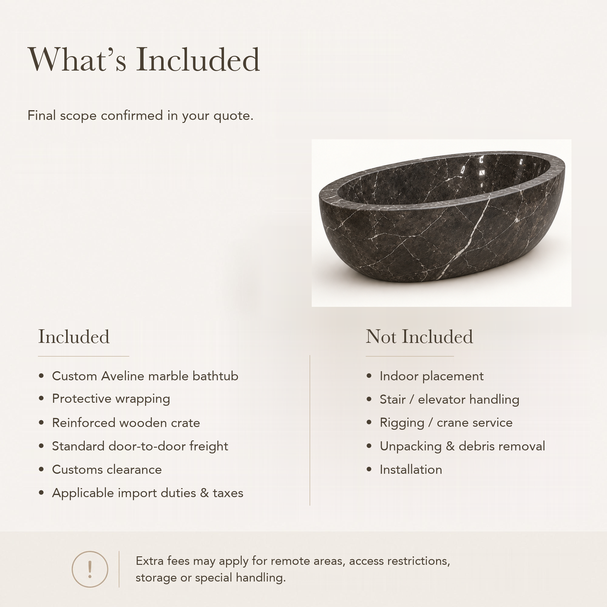 Aveline Oval Freestanding Soaking Bathtub – Dark Emperador Marble — What’s Included in the Reference Price.