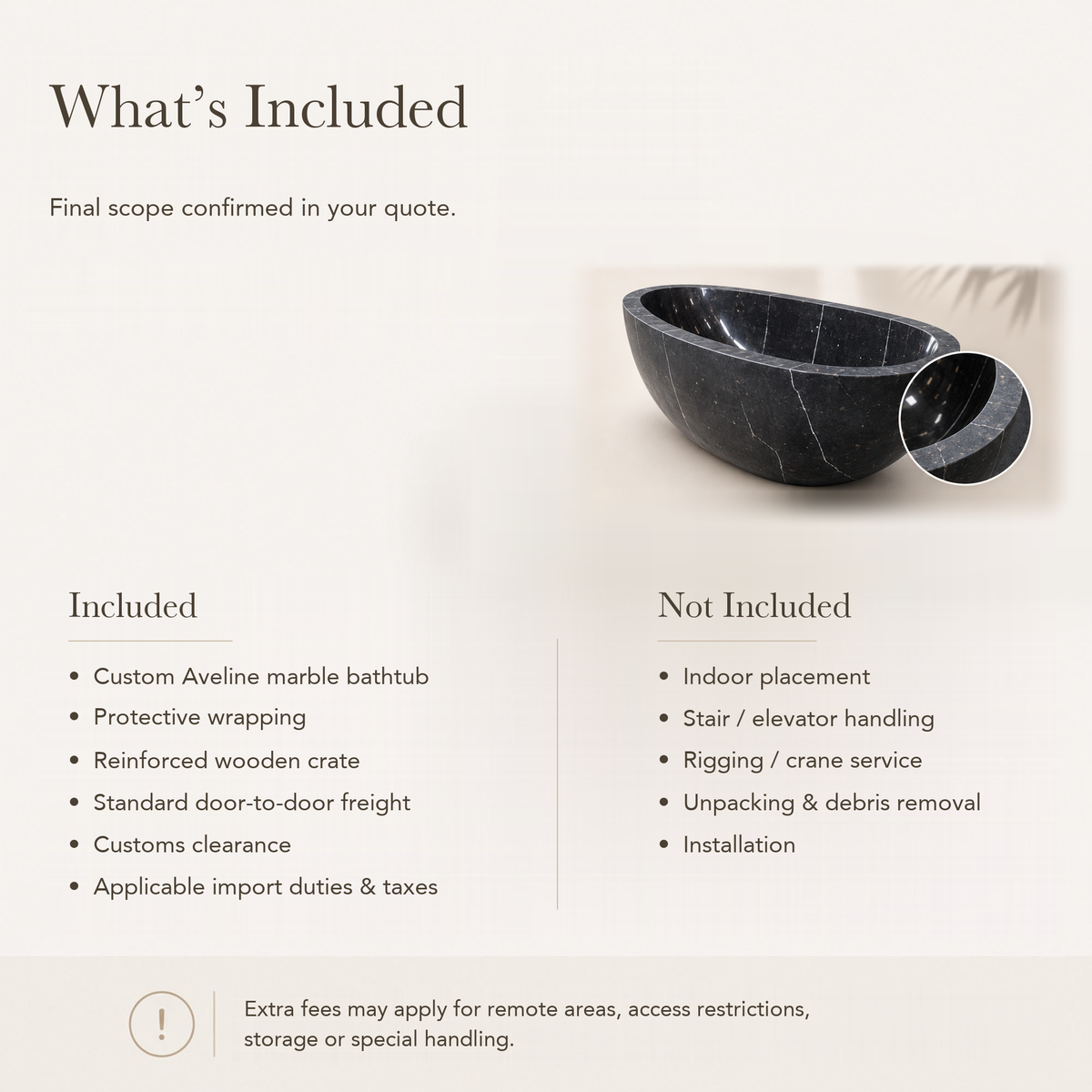 Aveline Oval Freestanding Soaking Bathtub – Portoro Black Marble — What’s Included in the Reference Price.