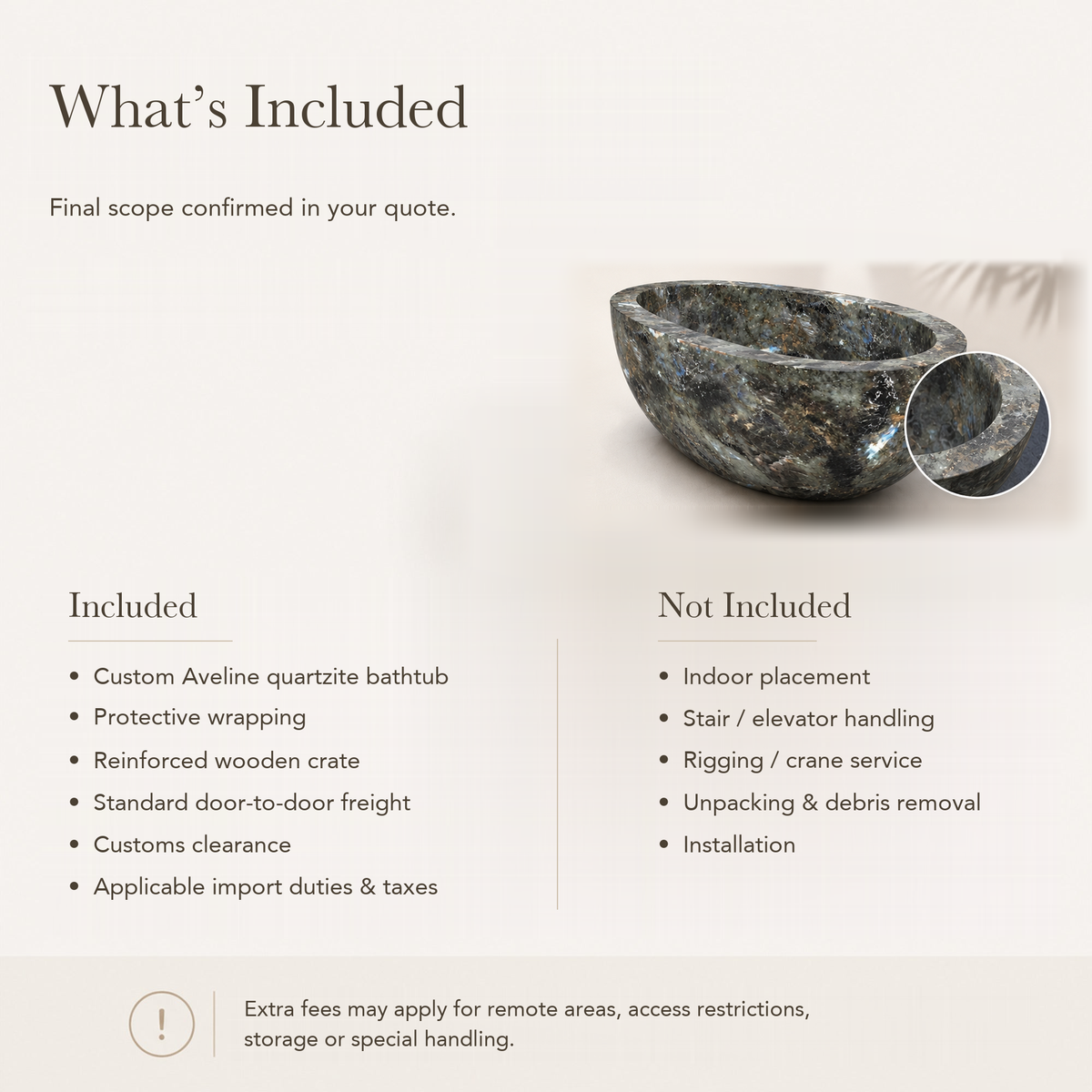 Aveline Oval Freestanding Soaking Bathtub – Celestia Blue Quartzite — What’s Included in the Reference Price.