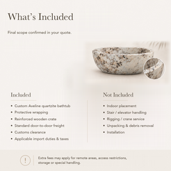 Aveline Oval Freestanding Soaking Bathtub – Pandora Blanc Quartzite — What’s Included in the Reference Price.