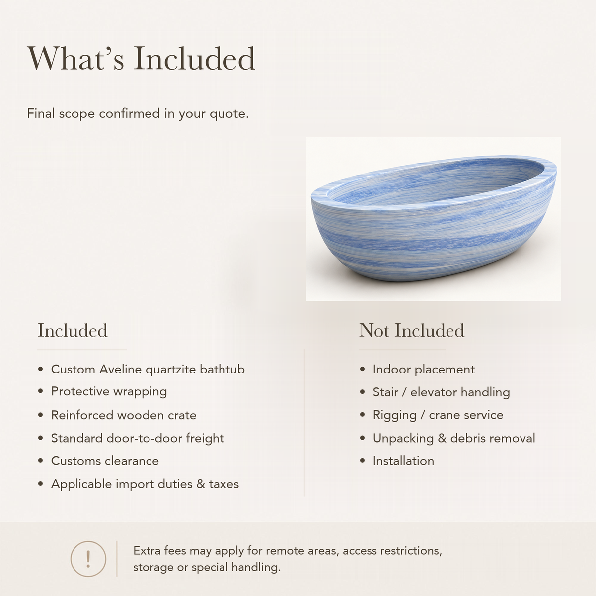 Aveline Oval Freestanding Soaking Bathtub – Azura Blue Quartzite — What’s Included in the Reference Price.