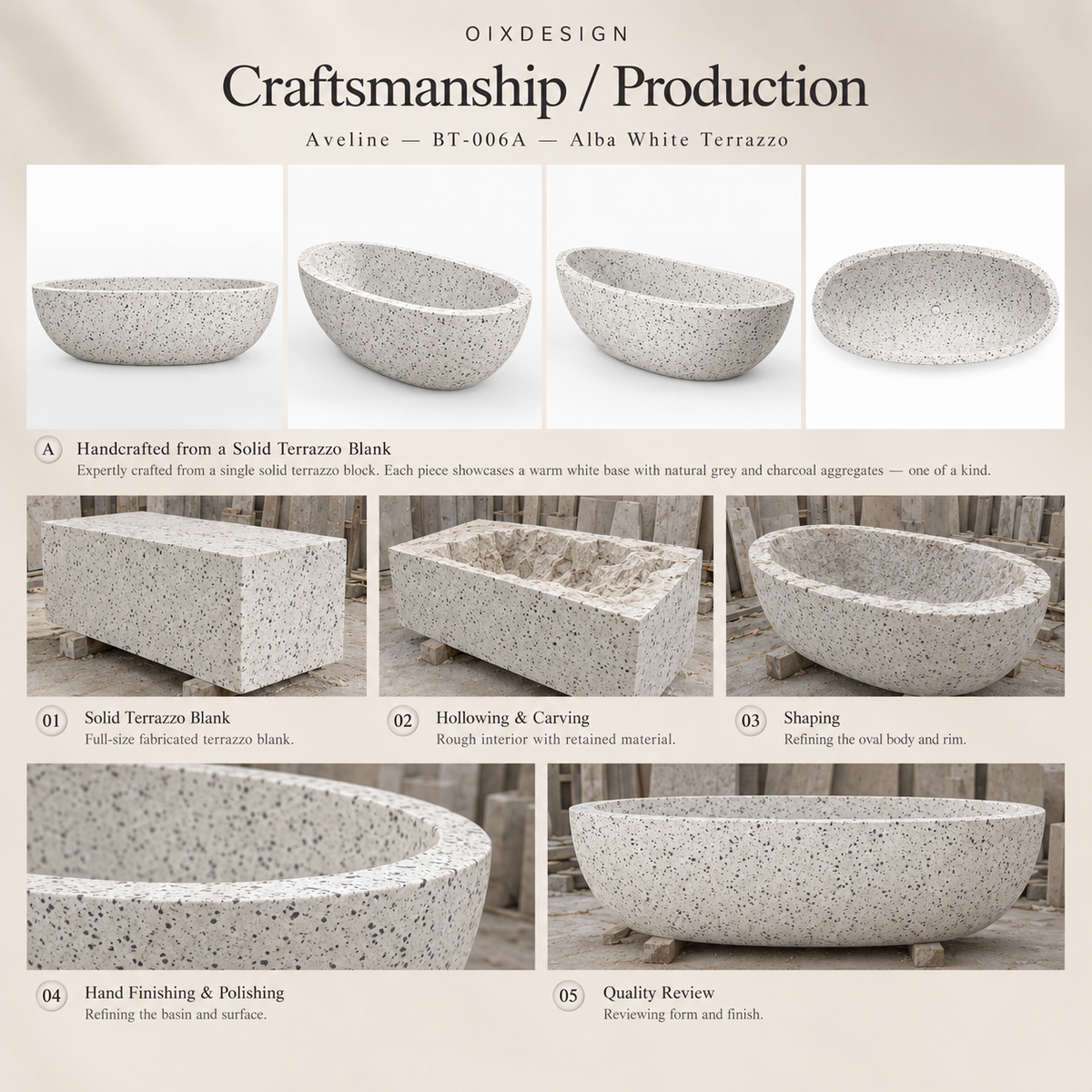OIXDESIGN Aveline BT-006A Alba White Terrazzo bathtub — craftsmanship process overview