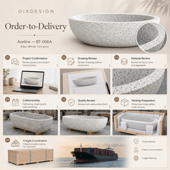 OIXDESIGN Aveline BT-006A Alba White Terrazzo bathtub — order-to-delivery workflow; packing preparation before closure, closed crate for shipment.