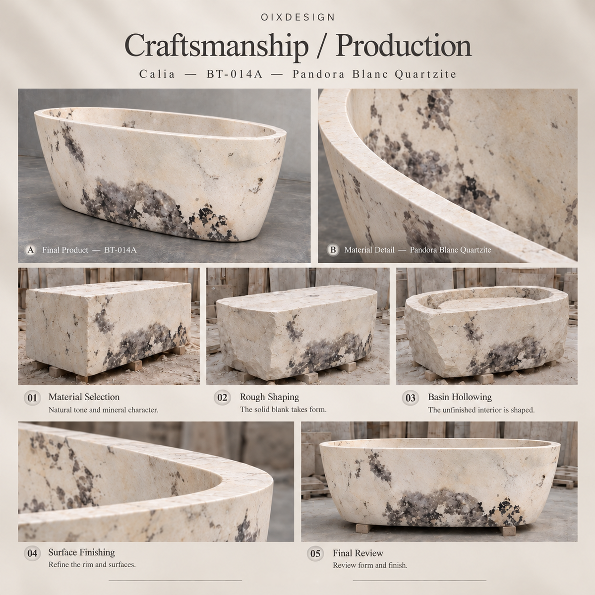 OIXDESIGN Calia Oval Freestanding Soaking Bathtub – Pandora Blanc Quartzite BT-014A craftsmanship process overview; product-specific scenes