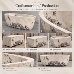 OIXDESIGN Calia Oval Freestanding Soaking Bathtub – Pandora Blanc Quartzite BT-014A craftsmanship process overview; product-specific scenes