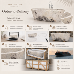 Calia BT-014A Pandora Blanc Quartzite bathtub — Order-to-Delivery workflow; packing preparation before closure — OIXDESIGN