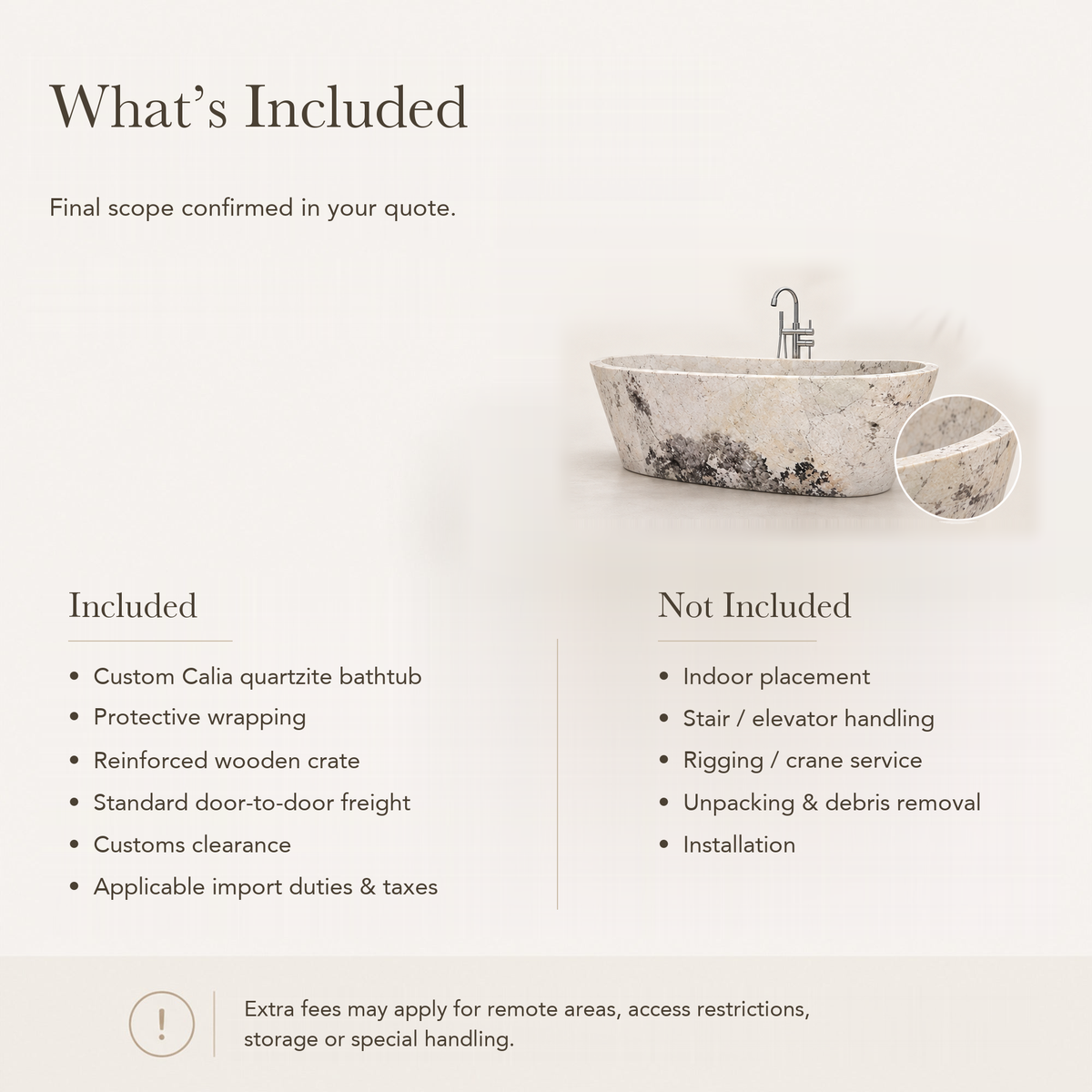 Calia Oval Freestanding Soaking Bathtub – Pandora Blanc Quartzite — What’s Included in the Reference Price.