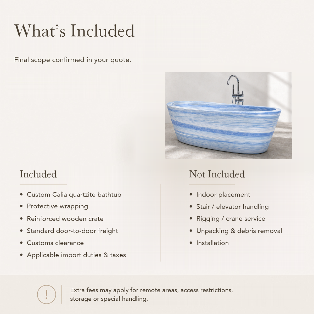 Calia Oval Freestanding Soaking Bathtub – Azura Blue Quartzite — What’s Included in the Reference Price.