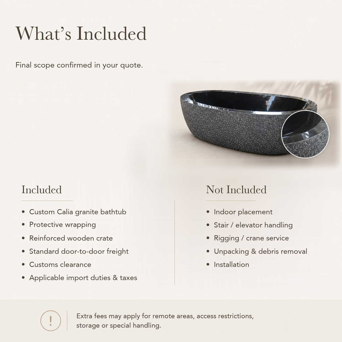 Calia Oval Freestanding Soaking Bathtub – Absolute Black Granite, Hand-Chiseled Exterior — What’s Included in the Reference Price.