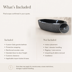 Calia Oval Freestanding Soaking Bathtub – Absolute Black Granite, Hand-Chiseled Exterior — What’s Included in the Reference Price.
