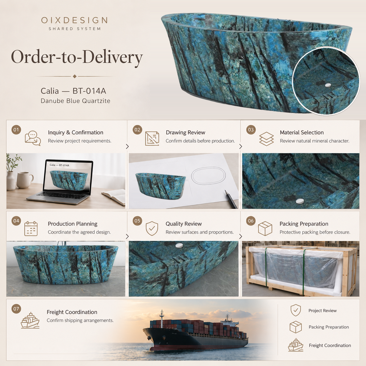 OIXDESIGN Calia BT-014A Danube Blue Quartzite bathtub order-to-delivery