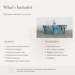 Calia Oval Freestanding Soaking Bathtub – Danube Blue Quartzite — What’s Included in the Reference Price.