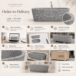 OIXDESIGN Calia BT-014A Silver Grey Terrazzo bathtub — order-to-delivery workflow; packing preparation before closure, closed crate for shipment.