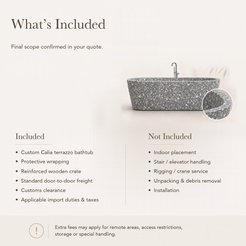 Calia Oval Freestanding Soaking Bathtub – Silver Grey Terrazzo — What’s Included in the Reference Price.