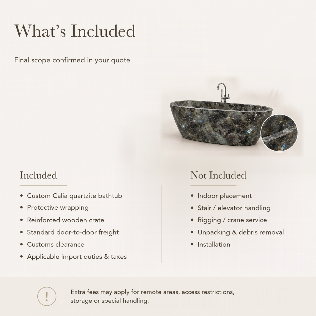 Calia Oval Freestanding Soaking Bathtub – Celestia Blue Quartzite — What’s Included in the Reference Price.