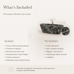 Calia Oval Freestanding Soaking Bathtub – Celestia Blue Quartzite — What’s Included in the Reference Price.