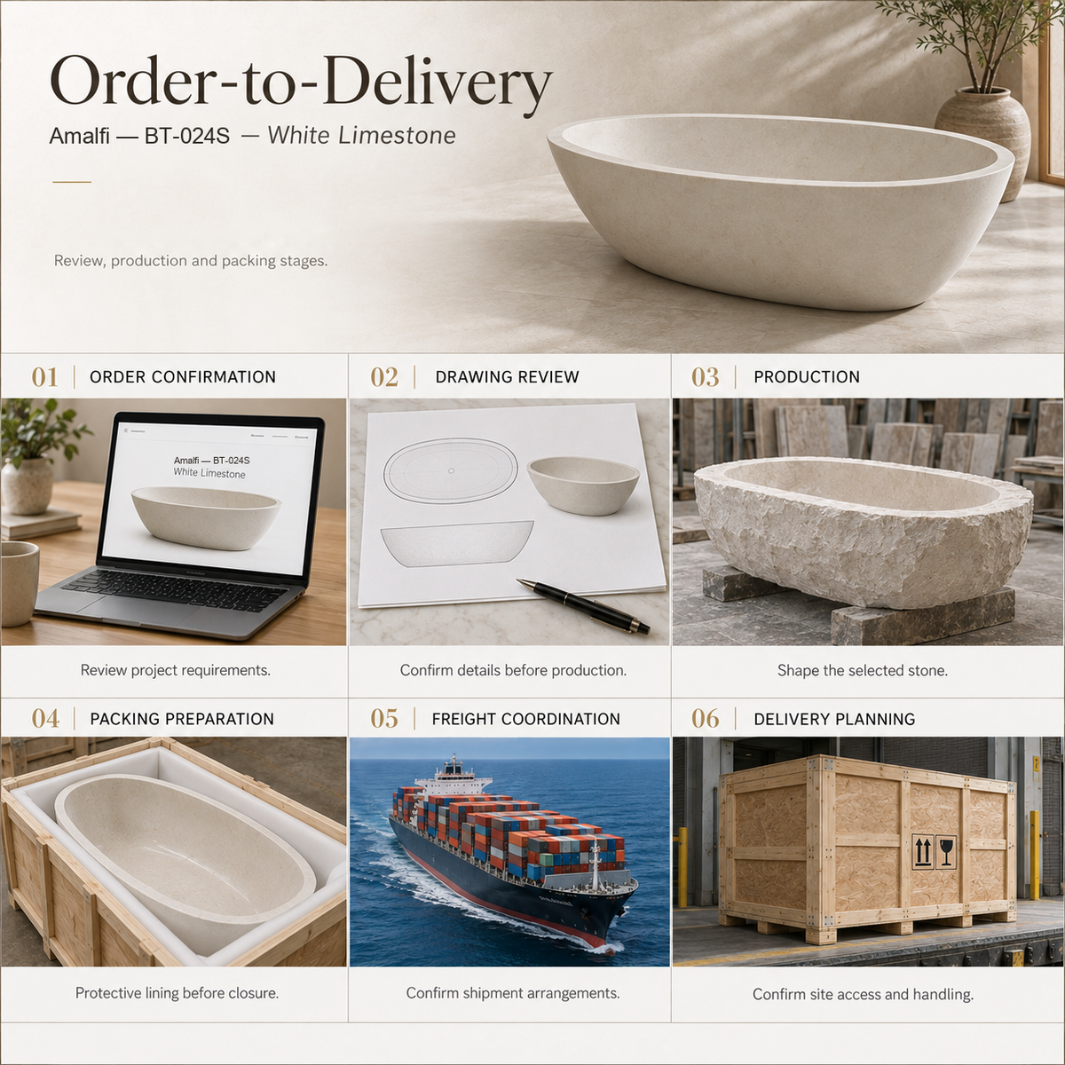OIXDESIGN Amalfi BT-024S White Limestone bathtub — order-to-delivery workflow; packing preparation before closure, closed crate for shipment.