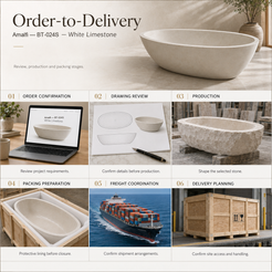 OIXDESIGN Amalfi BT-024S White Limestone bathtub — order-to-delivery workflow; packing preparation before closure, closed crate for shipment.