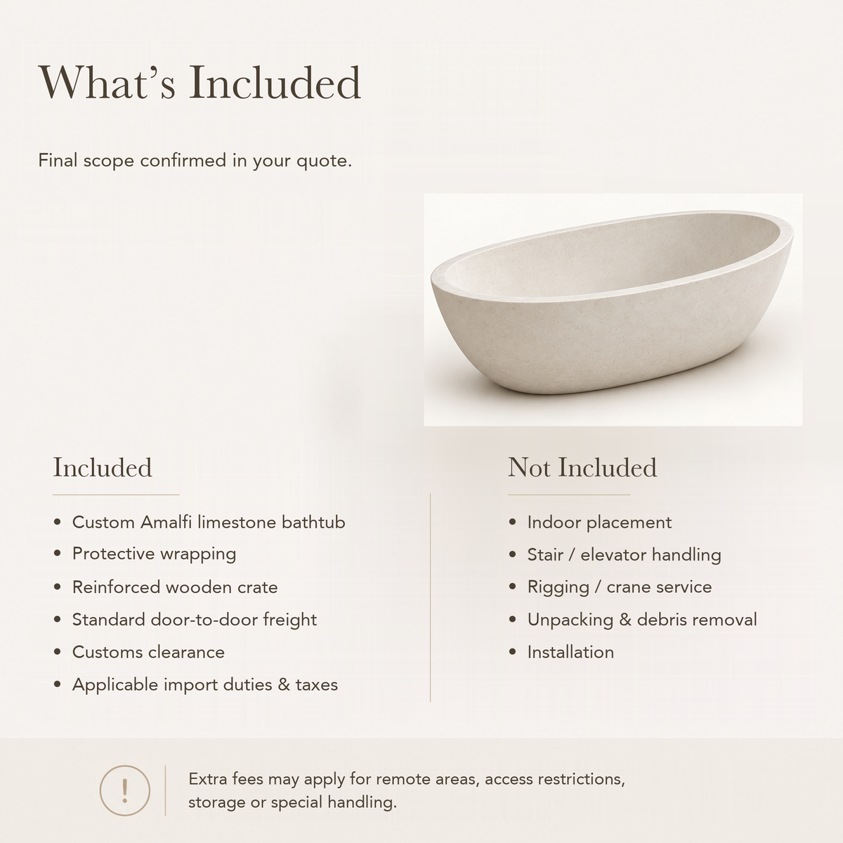 Amalfi Oval Freestanding Soaking Bathtub – White Limestone — What’s Included in the Reference Price.