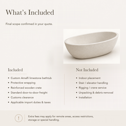 Amalfi Oval Freestanding Soaking Bathtub – White Limestone — What’s Included in the Reference Price.