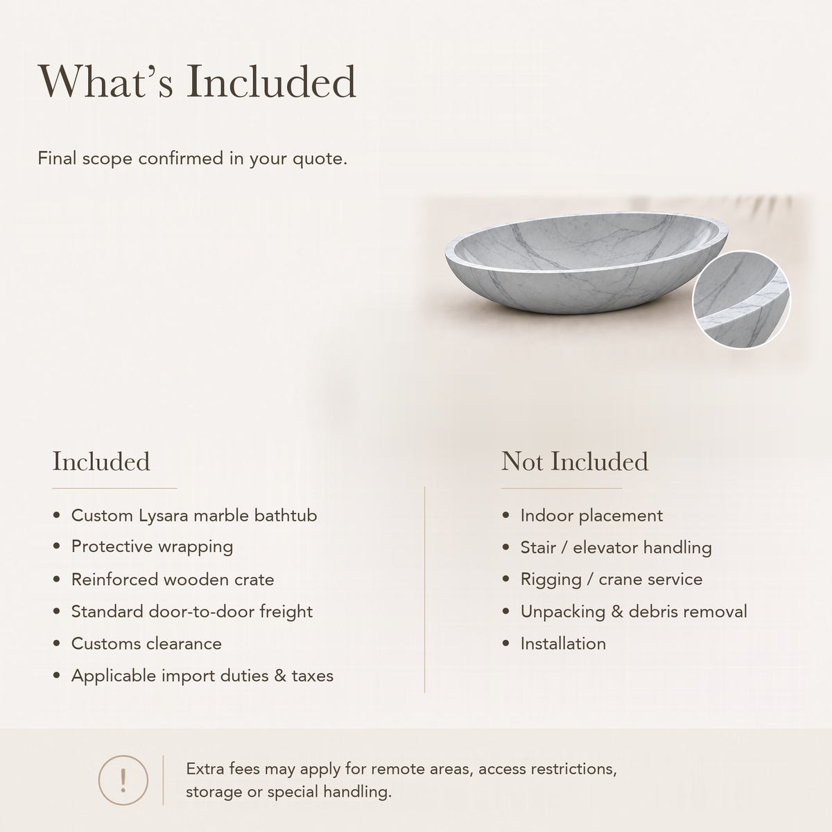Lysara Low-Profile Oval Freestanding Soaking Bathtub – Carrara White Marble — What’s Included in the Reference Price.
