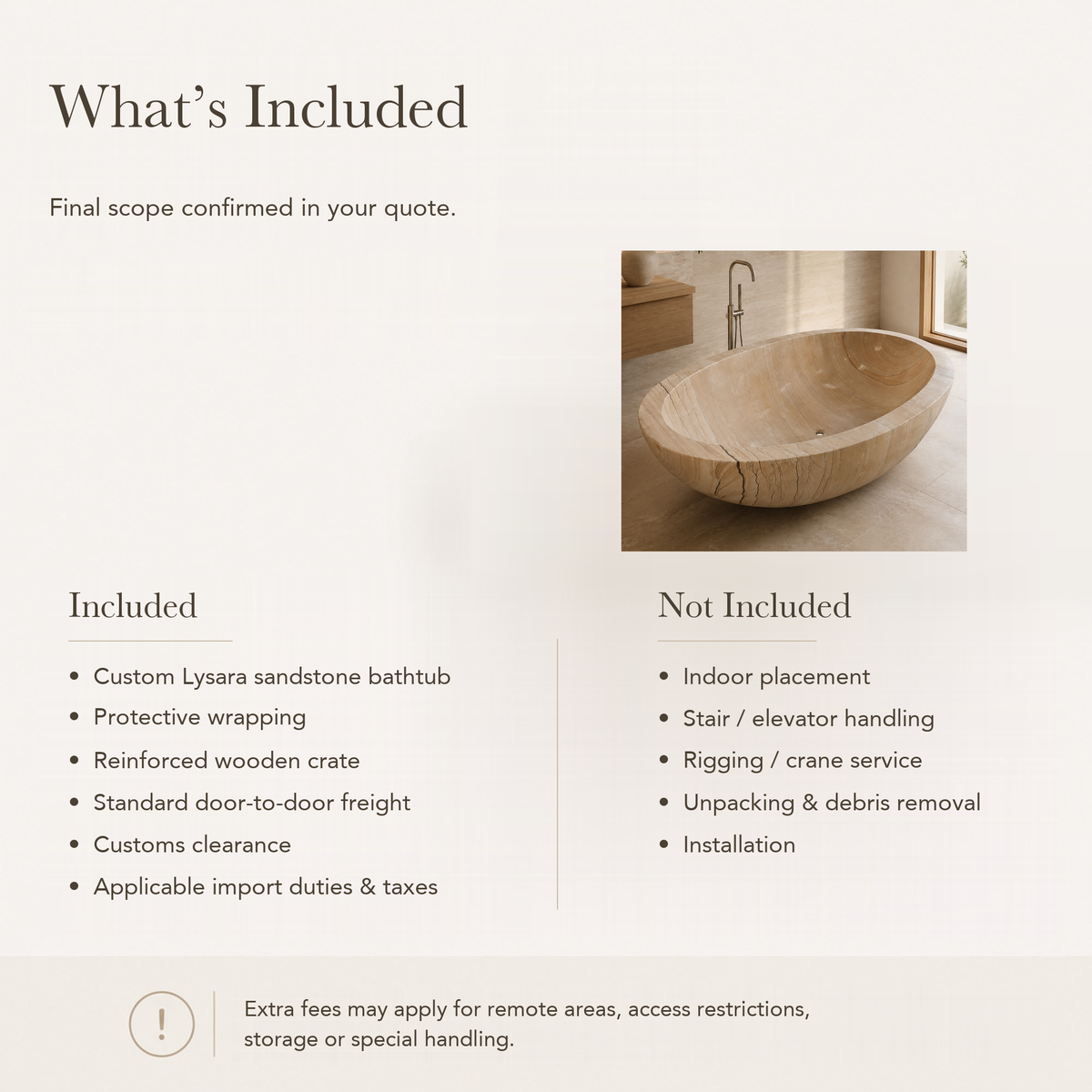 Lysara Low-Profile Oval Freestanding Soaking Bathtub – Natural Sandstone — What’s Included in the Reference Price.