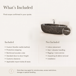 Norelle Oval Freestanding Soaking Bathtub – Dark Emperador Marble — What’s Included in the Reference Price.