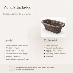 Bellora Flared-Rim Freestanding Soaking Bathtub – Dark Emperador Marble — What’s Included in the Reference Price.