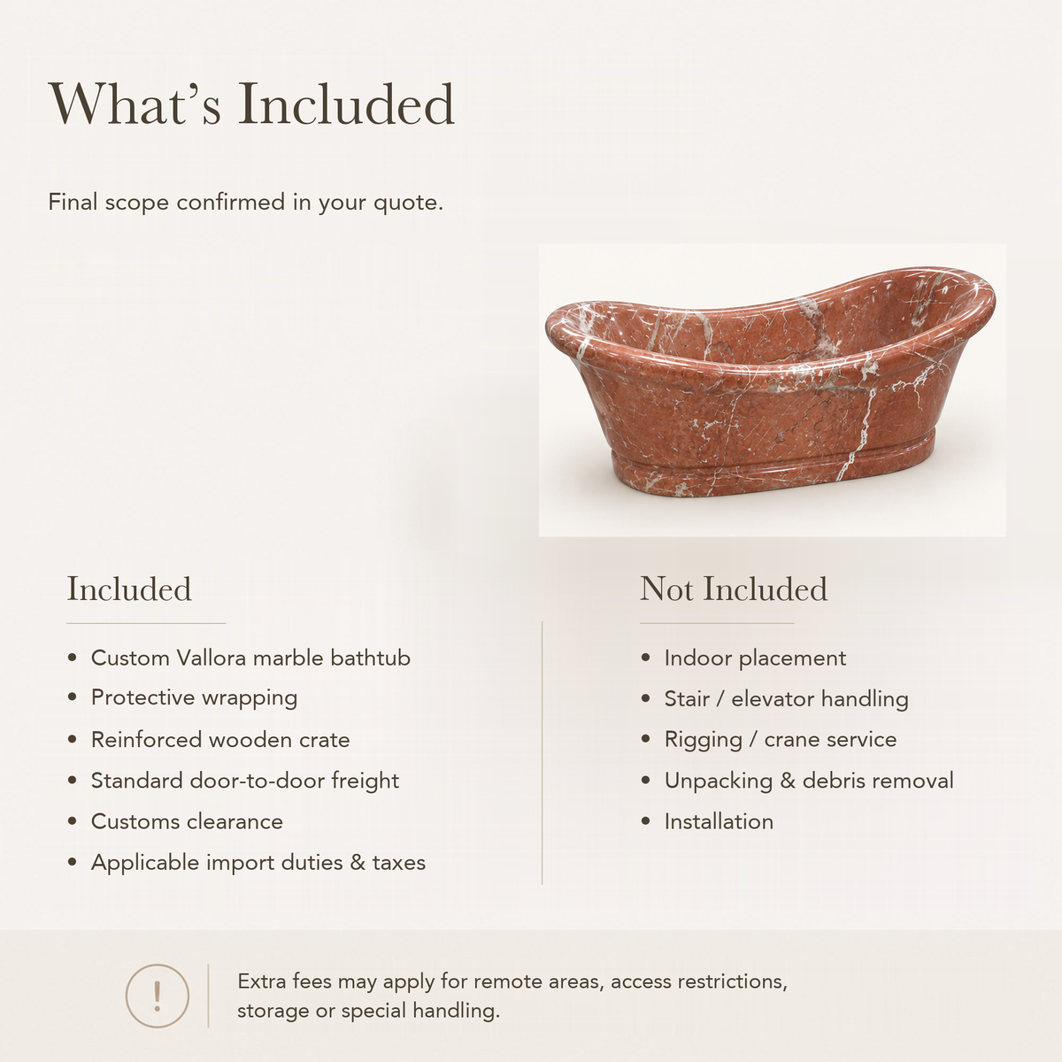 Vallora Freestanding Rojo Alicante Marble Soaking Bathtub — What’s Included in the Reference Price.