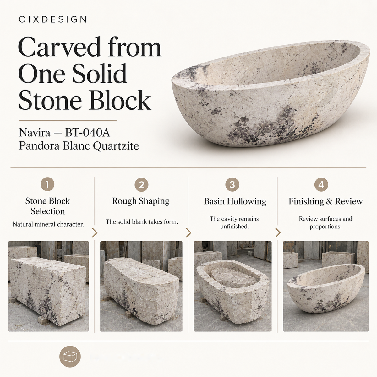 OIXDESIGN Navira BT 040A Pandora Blanc Quartzite craftsmanship process overview; product-specific scenes