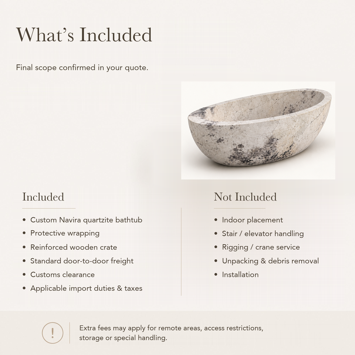 Navira Raised-End Oval Freestanding Soaking Bathtub – Pandora Blanc Quartzite — What’s Included in the Reference Price.