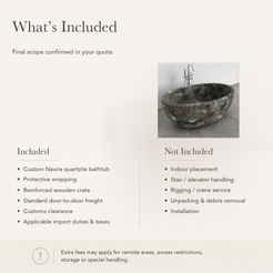 Navira Raised-End Oval Freestanding Soaking Bathtub – Celestia Blue Quartzite — What’s Included in the Reference Price.
