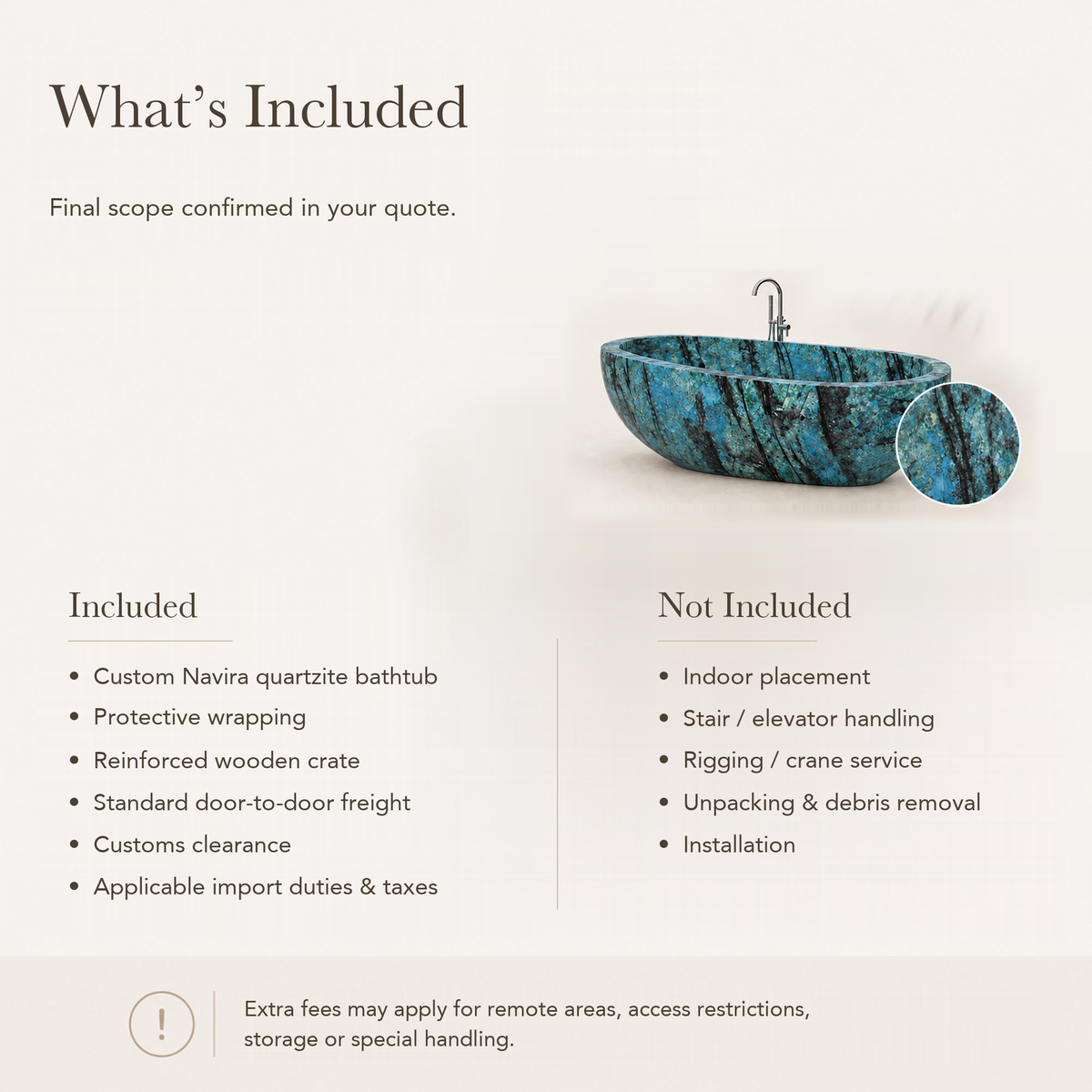 Navira Raised-End Oval Freestanding Soaking Bathtub – Danube Blue Quartzite — What’s Included in the Reference Price.