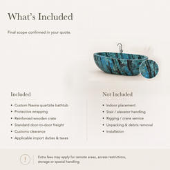Navira Raised-End Oval Freestanding Soaking Bathtub – Danube Blue Quartzite — What’s Included in the Reference Price.