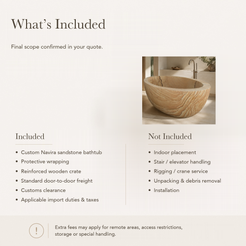 Navira Raised-End Oval Freestanding Soaking Bathtub – Natural Sandstone — What’s Included in the Reference Price.