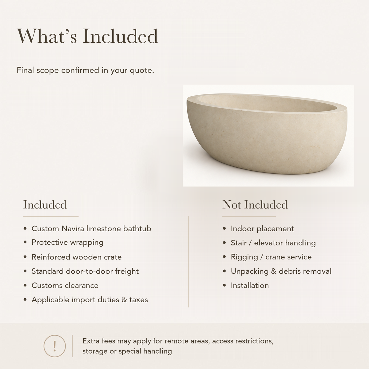 Navira Raised-End Oval Freestanding Soaking Bathtub – White Sand Beige Limestone — What’s Included in the Reference Price.