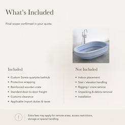 Soreia Asymmetric Oval Freestanding Soaking Bathtub – Azura Blue Quartzite — What’s Included in the Reference Price.