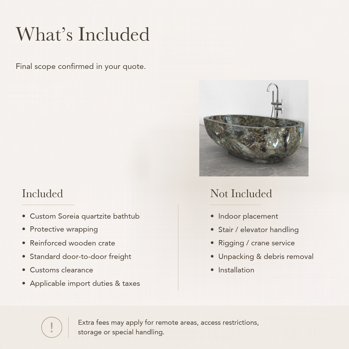 Soreia Asymmetric Oval Freestanding Soaking Bathtub – Celestia Blue Quartzite — What’s Included in the Reference Price.